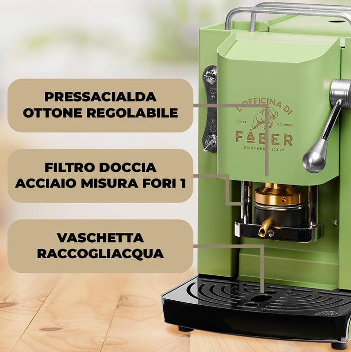Model Pro Deluxe | Espressor cu capsule Ese de 44 mm | Finisaj cromat | Presă de cafea cu tampon din alamă (verde acid), verde anason
