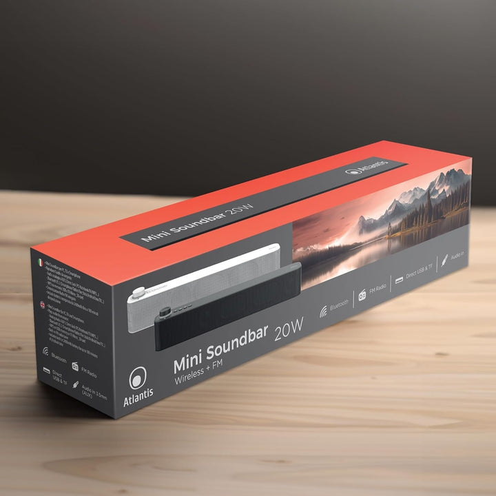 Atlantis Soundbar PC 20W, Pc-Lautsprecher, Klinke 3.5Mm + Bluetooth 5.3 Für Smartphone, Firetv, Plattenspieler, Batt. 2400Mha, FM Radio, Pc-Lautsprecher, Tragbar, TV, Smartp 420X60X74 Mm P003-C0820-B