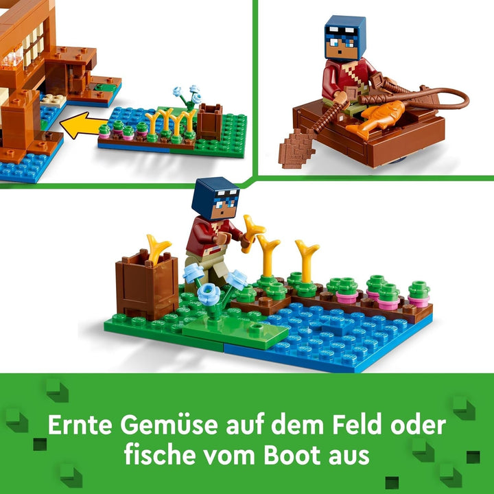 LEGO Minecraft The Frog House, casă de jucărie cu figuri, inclusiv zombie, slime și om înecat, plus accesorii precum barcă de jucărie și banc de lucru, cadou pentru băieți și fete de la 8 ani 21256