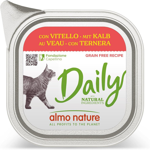 Almo Nature Daily, hrană umedă pentru pisici adulte cu piele de vițel, 3,2 Kg (32 X 100 G)