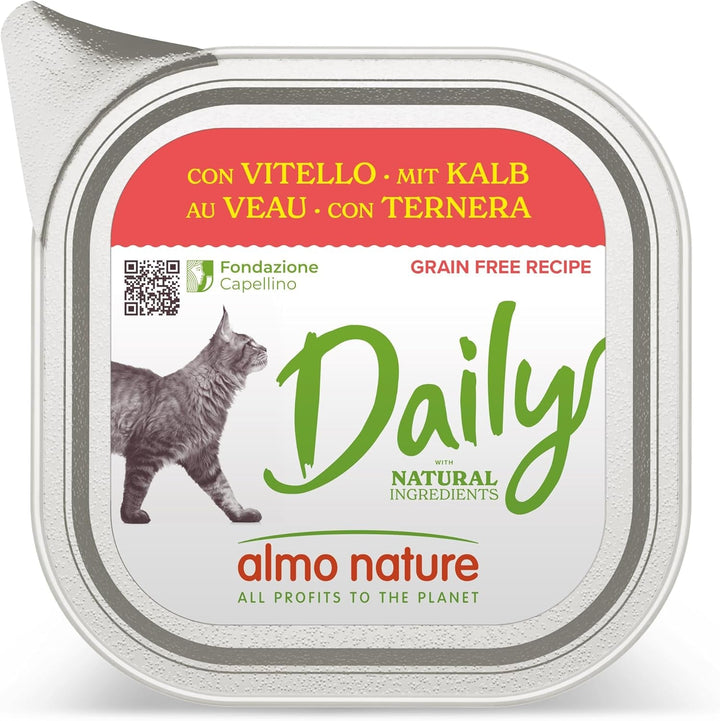 Almo Nature Daily, hrană umedă pentru pisici adulte cu piele de vițel, 3,2 Kg (32 X 100 G)