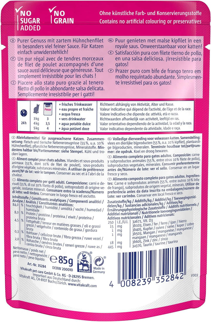 Vitakraft Poésie Délice, hrană umedă pentru pisici, hrană umedă pentru pisici în sos, cu pui, preambalată, fără zahăr și cereale adăugate (23X 85G)