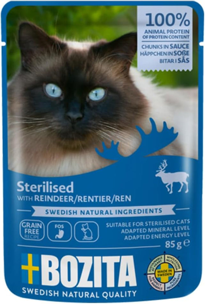 Bozita Pouch Mărunțișuri de hrană umedă în sos cu curcan - 12X85G Portion Pouch Hrană fără cereale și fără grâu pentru pisici - Hrană umedă pentru pisici adulte cu un conținut de 8,5% proteine și 4,5% grăsimi