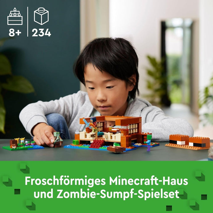 LEGO Minecraft The Frog House, casă de jucărie cu figuri, inclusiv zombie, slime și om înecat, plus accesorii precum barcă de jucărie și banc de lucru, cadou pentru băieți și fete de la 8 ani 21256
