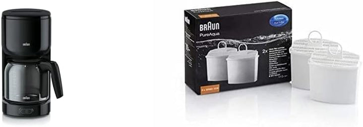 Cafetiera Braun Purease KF 3120 WH - Cafetieră cu filtru cu ulcior din sticlă pentru 10 cești de cafea, cafetieră pentru o aromă unică, filtru de apă integrat, 1000 wați, alb