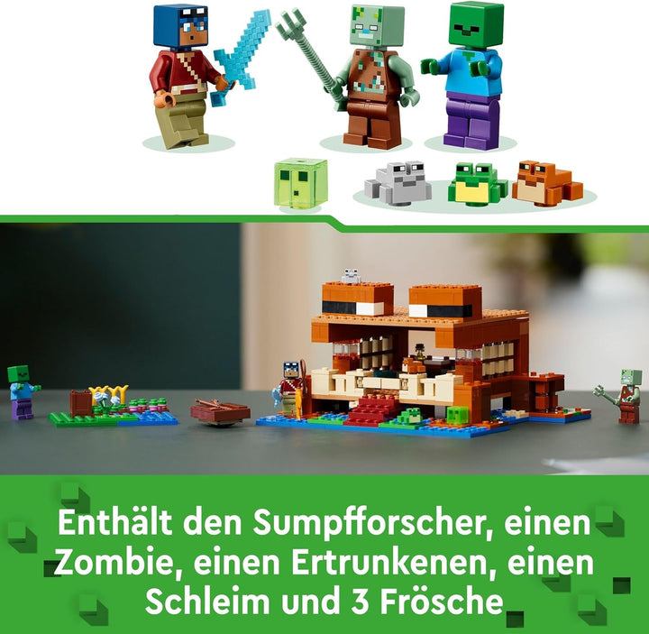 LEGO Minecraft The Frog House, casă de jucărie cu figuri, inclusiv zombie, slime și om înecat, plus accesorii precum barcă de jucărie și banc de lucru, cadou pentru băieți și fete de la 8 ani 21256