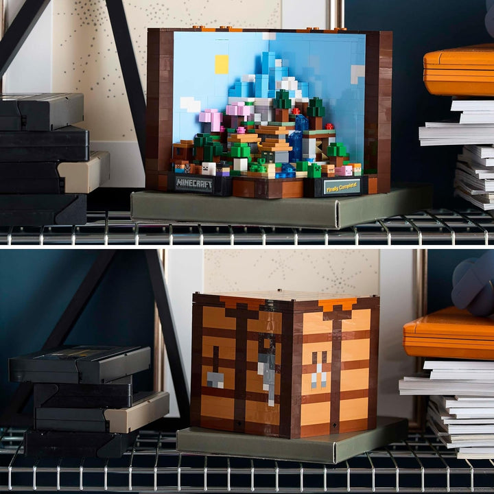 Set de construcție LEGO Minecraft The Workbench, set de jocuri video cu 8 figuri, inclusiv Steve, Alex, creaturi și biome, model aniversar 15, idee de cadou pentru adulți, bărbați și femei 21265