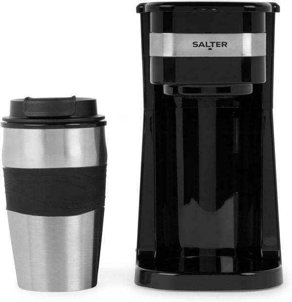 Cafetieră Salter pentru o singură ceașcă – Cafetieră cu filtru, filtru lavabil și reutilizabil, include o cană de călătorie din oțel inoxidabil de 420 ml. Prepară cafea în 3-4 minute, potrivită pentru cafea măcinată/capsule