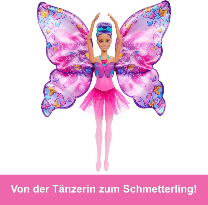 Păpușa Barbie Dance And Flutter cu transformare 2 în 1 de la dansatoare la fluture cu aripi care se deschid, păr violet, bijuterii de păr și tutu detașabil, HXJ10