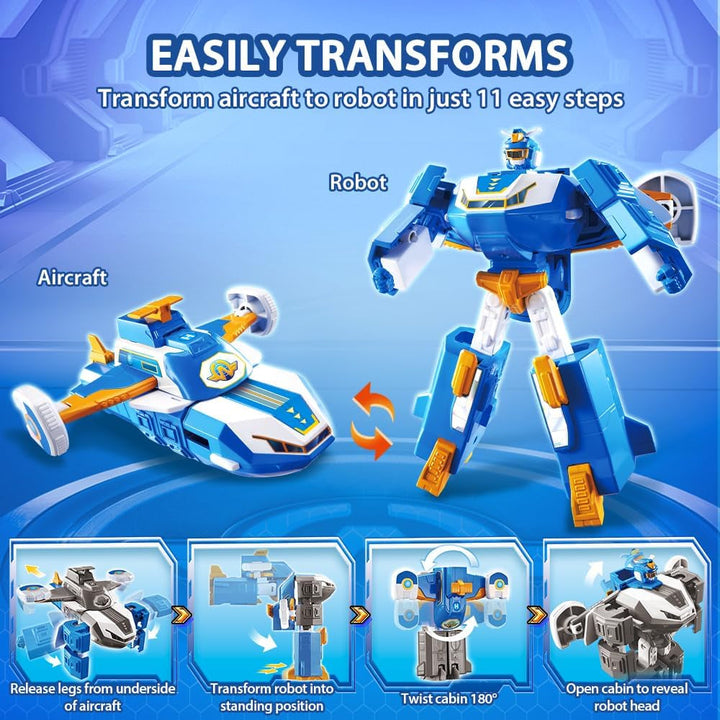 Super Wings 2-In-1 Mini World Aircraft Transforming Robot cu efecte luminoase și sonore, jucărie transformabilă pentru fete și băieți de la 3 ani, albastru