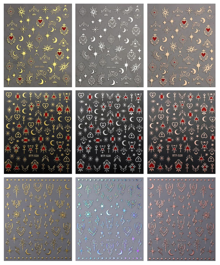 JMEOWIO Nagelsticker Mond Stern 9 Blatt Nail Art Sticker Selbstklebend Nagelaufkleber Sonne Dekoration Nageldesign Zubehör