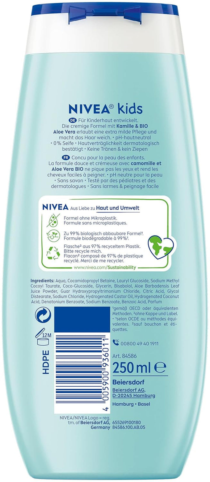 Gel de duș, șampon și balsam NIVEA KIDS 3in1, îngrijire și curățare pentru copii cu un parfum magic de mere, extra blând, îngrijire fără săpun pentru păr și piele pentru copii (250 ml)