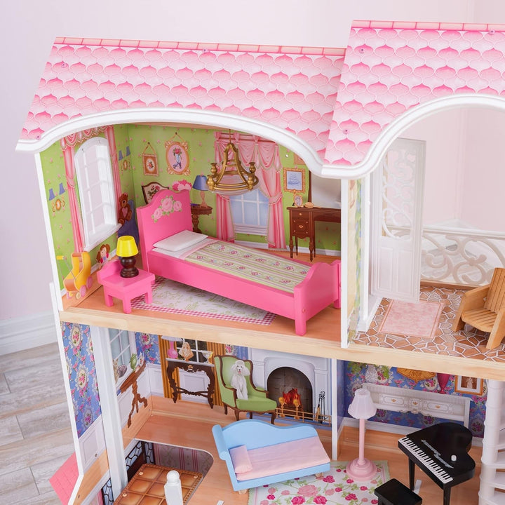 Casa de păpuși Kidkraft Magnolia Mansion din lemn cu mobilier și accesorii, set de joacă cu balcon și lift pentru păpuși de 30 cm, jucărie pentru copii de la 3 ani, 65907