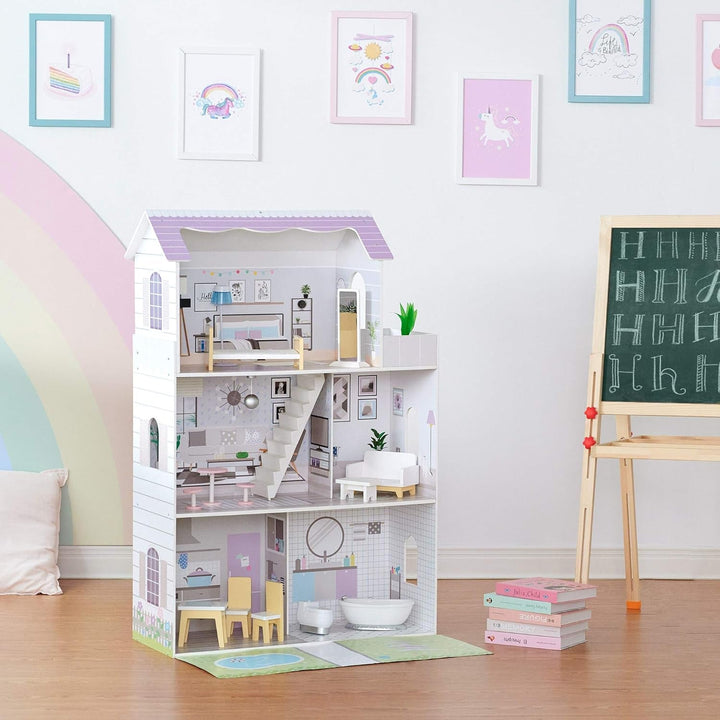 Teamson Kids Olivias Little World Giant Doll House cu 16 accesorii pentru păpuși, casă de păpuși din lemn cu mobilier, cu 3 etaje, casă de păpuși pentru copii pentru păpuși de 12 inci/30 cm, vârsta 3 ani+