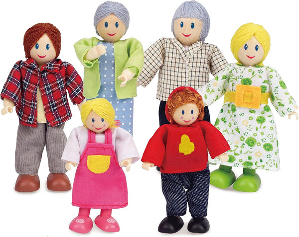 Familie de păpuși Hape Set de familie de păpuși premiat, accesoriu unic pentru case de păpuși din lemn, joc fantastic, 6 membri ai familiei de păpuși