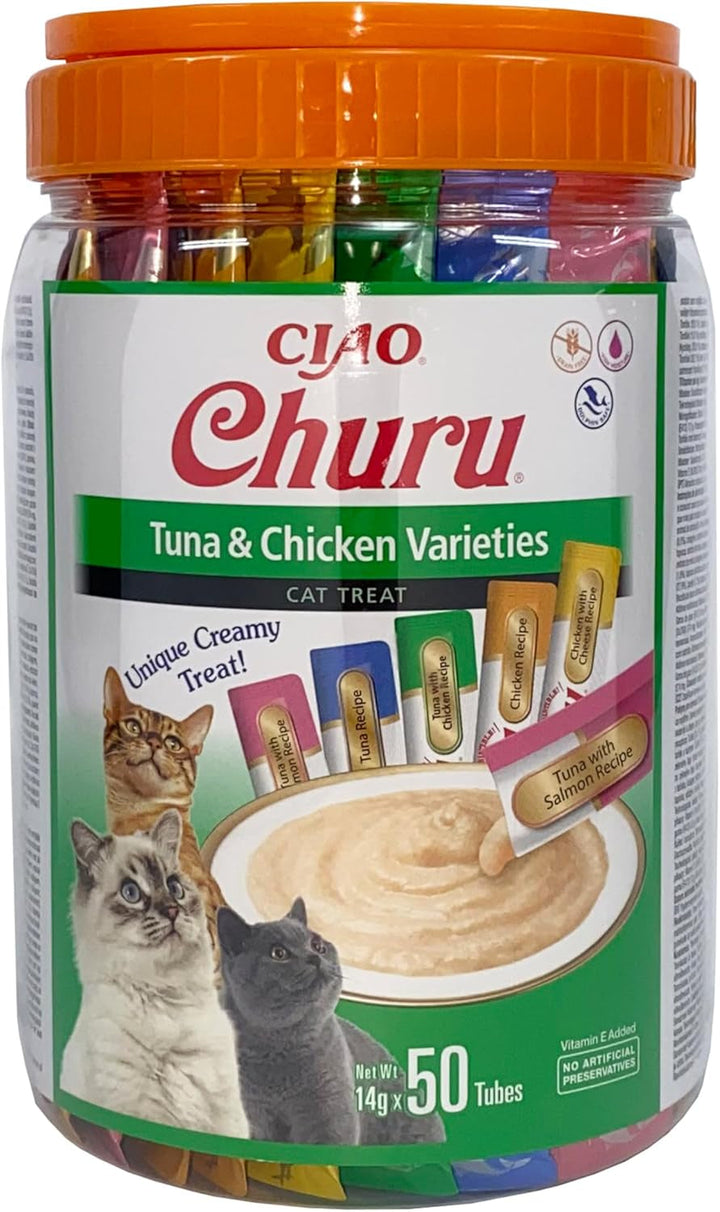 INABA Churu Cat Treats No By-Products Creamy Snack, Variety Box With Chicken | Fără cereale, fără zahăr, cu conținut scăzut de calorii, 100% carne naturală, Tratamente premium pentru pisici din Japonia