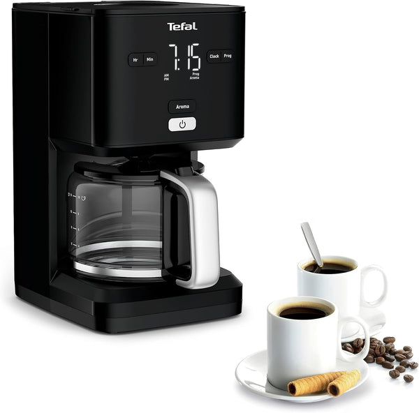 TEFAL SMART'N LIGHT Cafetieră electrică neagră, 1,25 L, programabilă, 24 ore, funcție aromă după 30 minute, fără picurare, CM600810