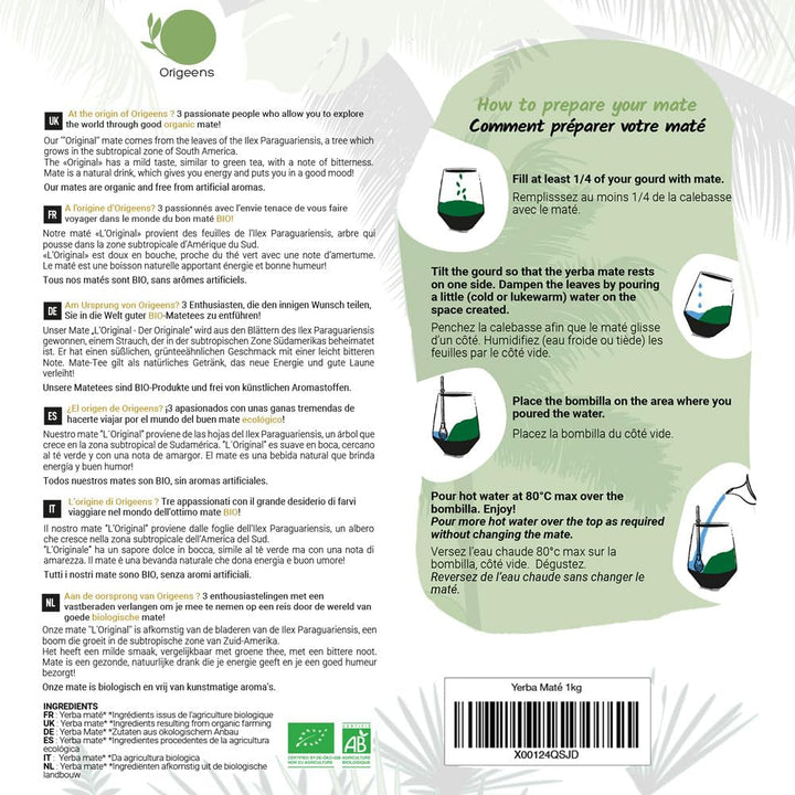 CEAI ORIGEENS BIO YERBA MATE 1 KG - Originalul I Neprăjit, frunze, fără tulpini, praf și firimituri I Băutură energizantă și detoxifiantă