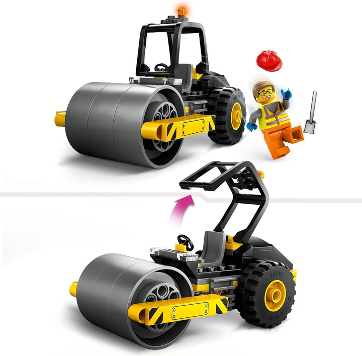 LEGO City Road Roller, vehicul de șantier pentru copii de la 5 ani, jucărie cu role cu aburi cu minifigurină de muncitor în construcții, experiență de joacă imaginativă pentru băieți și fete, mic, cadou distractiv 60401
