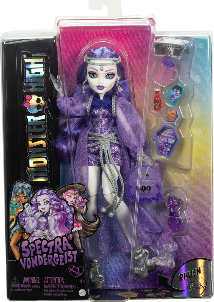 Păpușă Monster High Spectra Vondergeist cu dihorul Rhuen și accesorii precum rucsac, tabletă, gustări și multe altele, HXH77