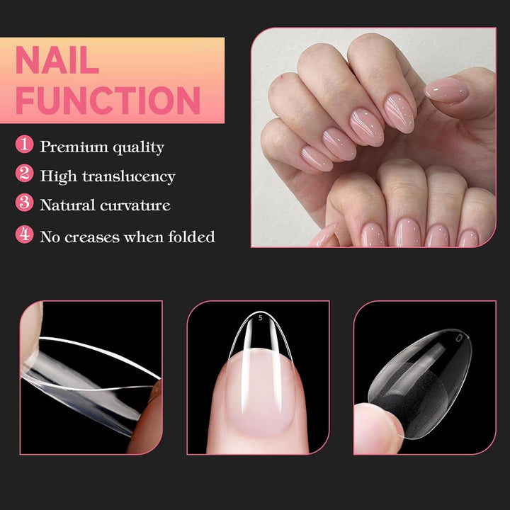 Tipuri de unghii pentru unghii cu gel, set 120 bucăți unghii artificiale scurte, culoare migdale, 11 dimensiuni unghii cu gel, tipuri de unghii cu lipici, bloc de buffer pentru unghii