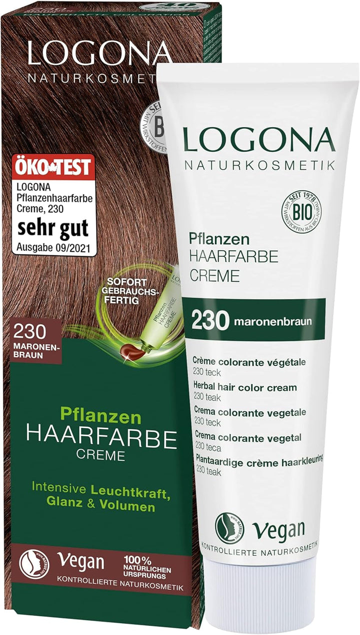 LOGONA Natural Cosmetics Plant Hair Colour Cream 240 Nougat Brown, Colorant natural pentru păr castaniu cu henna, cremă colorantă pentru tonuri de maro, colorare pentru păr închis la culoare, 150ml Vopsea pentru par Naty Shop 230 maro castaniu [tec]