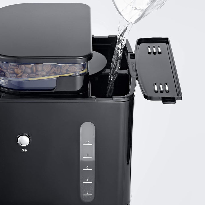 Espressor SEVERIN cu râșniță, espressor cu carafă de sticlă și funcție de cronometru, disponibil și ca espressor la filtru, pentru până la 10 cești de cafea, 1000 wați, negru/oțel inoxidabil, KA 4813
