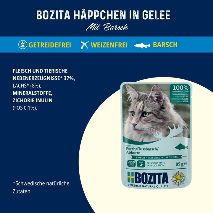 Bozita Pouch Wet Food Morsels in Jelly With Perch - 12X85G Pungă porție unică Hrană fără cereale și fără grâu pentru pisici - Hrană umedă pentru pisici adulte cu un conținut de 8,5% proteine și 4,5% grăsimi