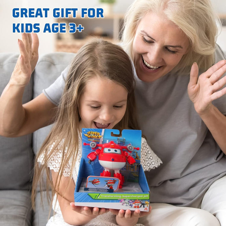 Super Wings 5" Transforming Characters 2-Pack Transforming Supercharged Jett + Tino, jucărie Transformer pentru băieți și fete de peste 3 ani, roșu