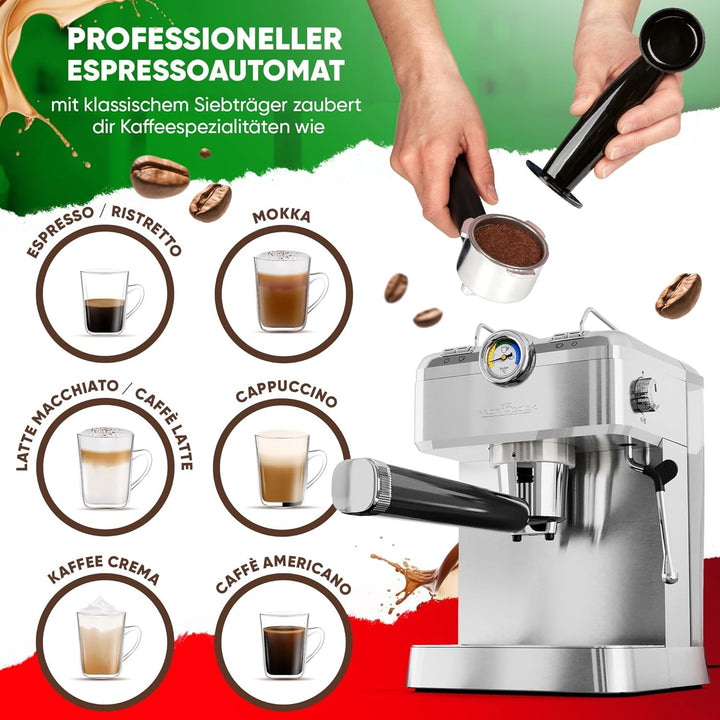 Espressor Proficook | Espressor inclusiv portafiltru | Pompă espresso profesională italiană 20 bar | Pentru cafea măcinată și capsule compatibile Nespresso | Portafiltru pentru espressor | PC ES 1267