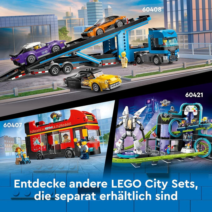 LEGO City Car Transporter cu mașină sport, set de 4 mașini de jucărie pentru băieți și fete de la 7 ani, cadou de Crăciun sau aniversare, 4 minifigurine pentru jocuri de rol 60408