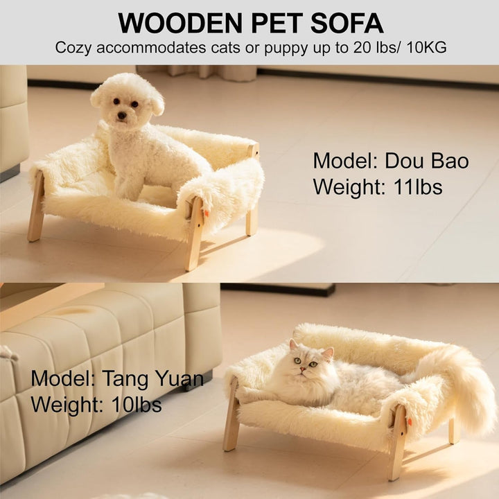 MEWOOFUN Canapea pat pentru pisici, din lemn, 56 x 45 cm, canapea robustă pentru pisici de dimensiuni mari - Scaun modern pentru pisici cu husă detașabilă, capacitate de încărcare 10 kg (alb, 56 x 45 cm)