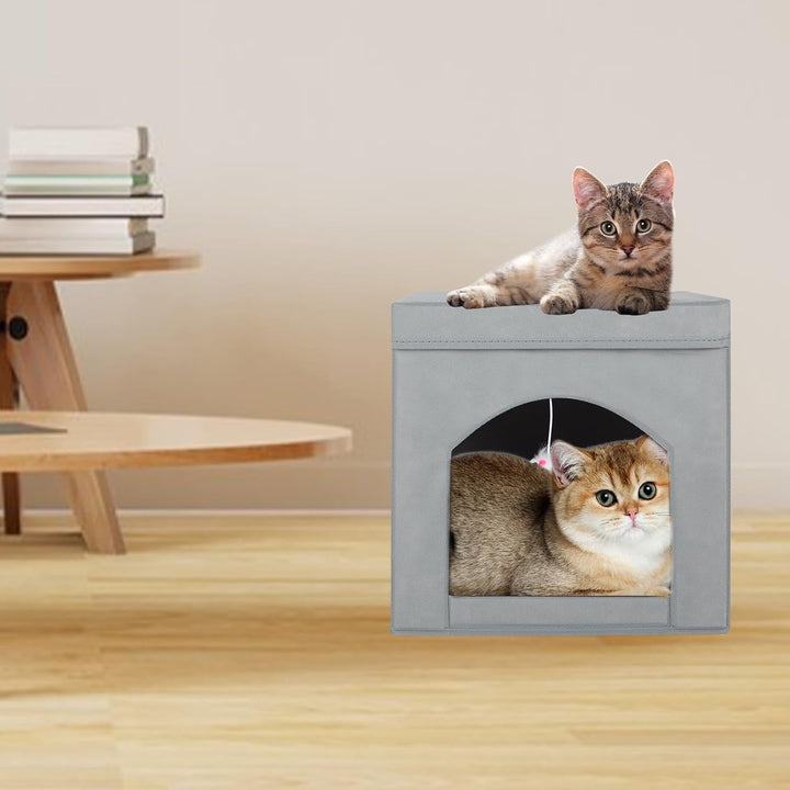 Pat pliabil pentru pisici sau pisoi de interior, scaun pliabil pentru pisici cu cub și peșteră, gri, 13 x 13 x 13 cm