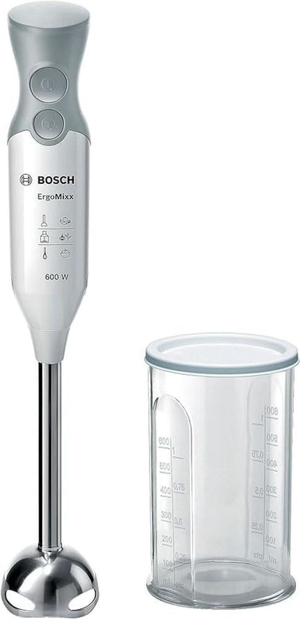 Bosch Stabmixer Ergomixx MSM66110, Edelstahl-Mixfuß, Mix- Und Messbecher, 2 Geschwindigkeitsstufen, Leichtes Gehäuse, 4-Klingen-Messer, Einfache Reinigung, 600 W, Weiß/Grau