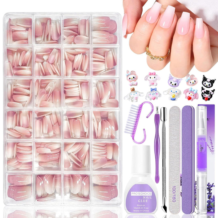 Set 420 de unghii false - Unghii tip balerina cu gel moale, acoperire completă, unghii artificiale cu gradient alb nud pentru lipire, unghii false pentru arta unghiilor (Ballerina White Nude)