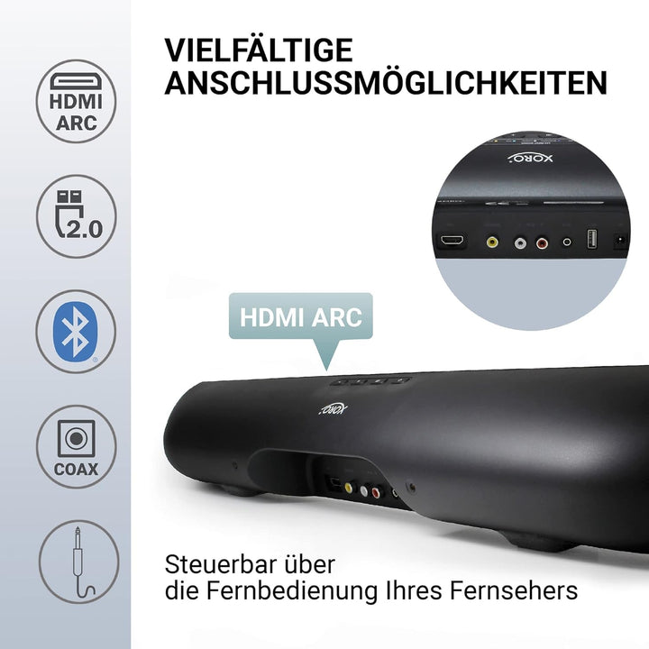 XORO Stereo Fernsehlautsprecher Soundbar HSB 70 Mit Bluetooth, 60 Watt Ausgangsleistung, AV IN, HDMI ARC, USB 2.0 Mediaplayer, Inkl. Wandhalterung, Ir-Fernbedienung