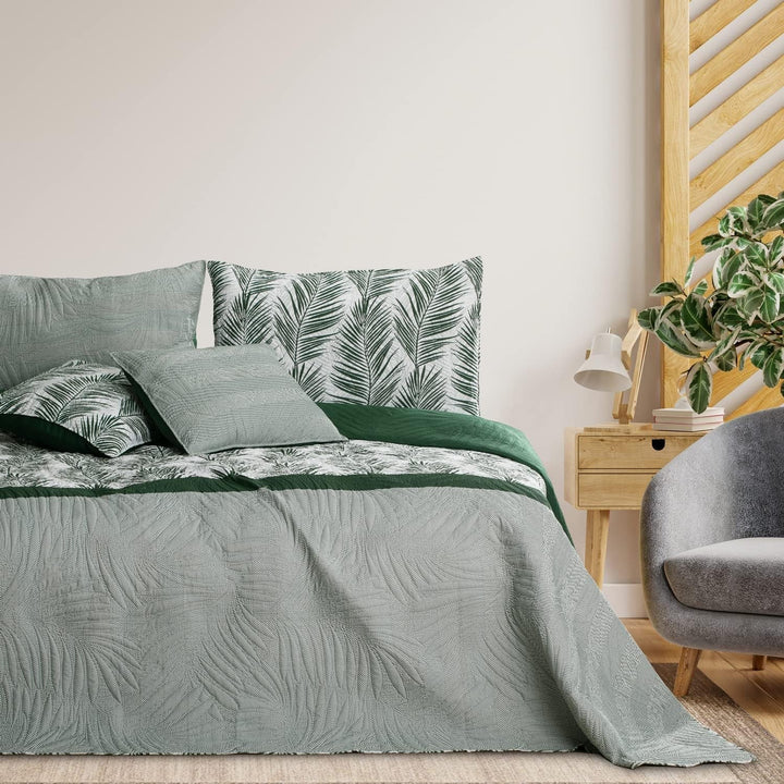 Ameliahome Cuvertură de pat Cuvertură de pat 170X210 Cm Două fețe Ușor de îngrijit Cuvertură de pat Model de plante Verde Alb Tropical Bonaire Paturi si Cuverturi Besuche den AmeliaHome-Store