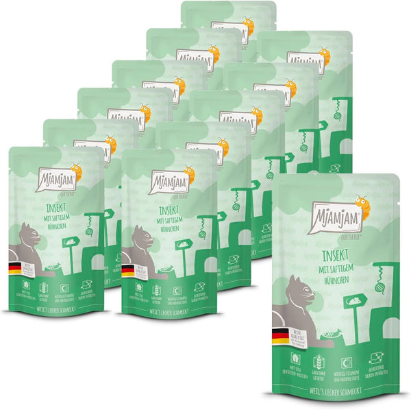 Mjamjam - Hrană umedă premium pentru pisici - Squeeze Insect With Juicy Chicken 125G, 12Pack (12 X 125G), naturală cu extra carne
