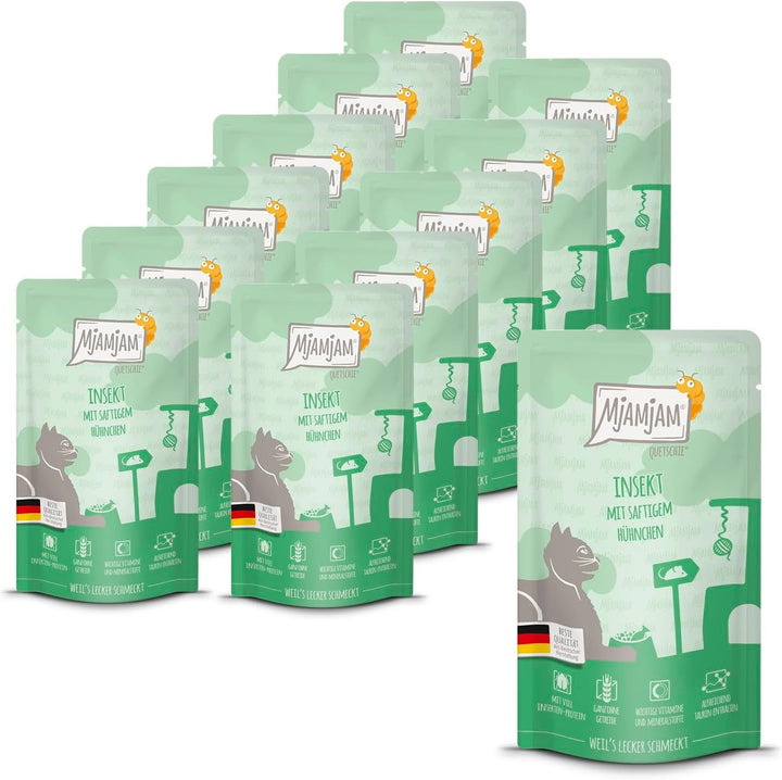 Mjamjam - Hrană umedă premium pentru pisici - Squeeze Insect With Juicy Chicken 125G, 12Pack (12 X 125G), naturală cu extra carne
