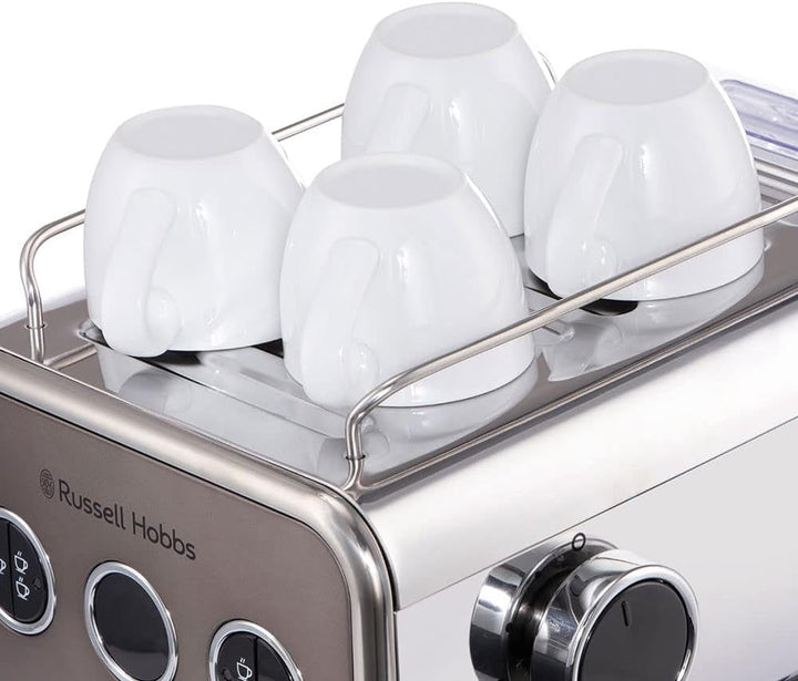 Espressor Russell Hobbs [Portafiltru] Distinction Oțel Inoxidabil Titan (15 bar, inserție pentru 1 și 2 căni, tampoane ESE, dozare automată și opțiune manuală, duză de abur pentru apă fierbinte și spumă de lapte) 26452-56