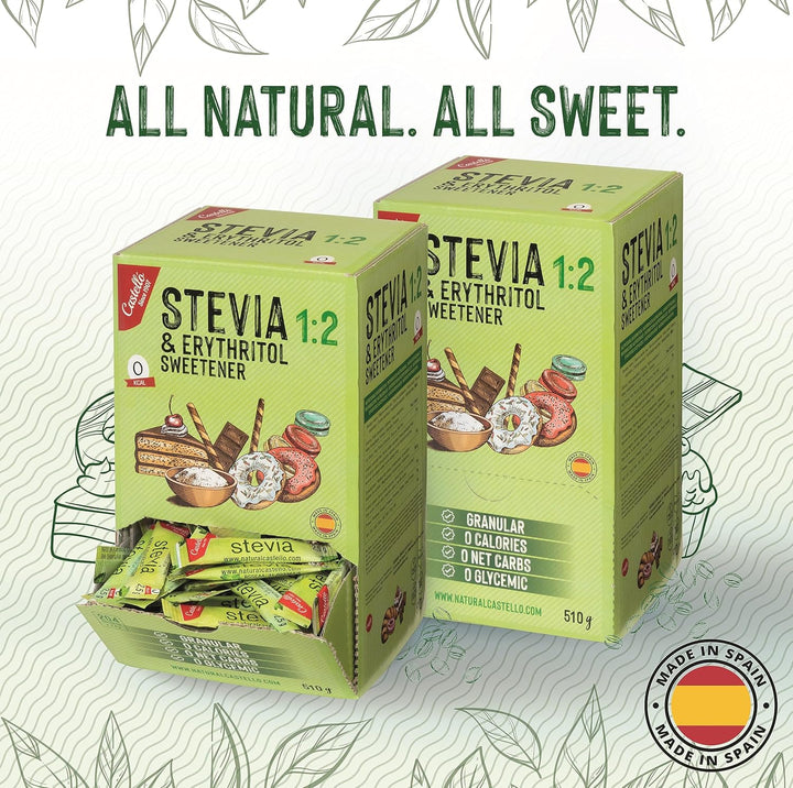 Stevia + Erythrit 1:2 Süßstoff | 204 Beutel Mit 2,5 G | 100% Natürlicher Zuckerersatz - 0 Kalorien - 0 Glykämischer Index - Keto Und Paleo - 0 Kohlenhydrate - Kein GVO - Castello since 1907-510 G