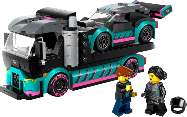 LEGO City Car Transporter cu mașină de curse, camion jucărie cu rampă de încărcare reglabilă și mașină de curse, set de construcție cu 2 minifigurine, șofer de curse și șofer de camion, copii de peste 6 ani 60406