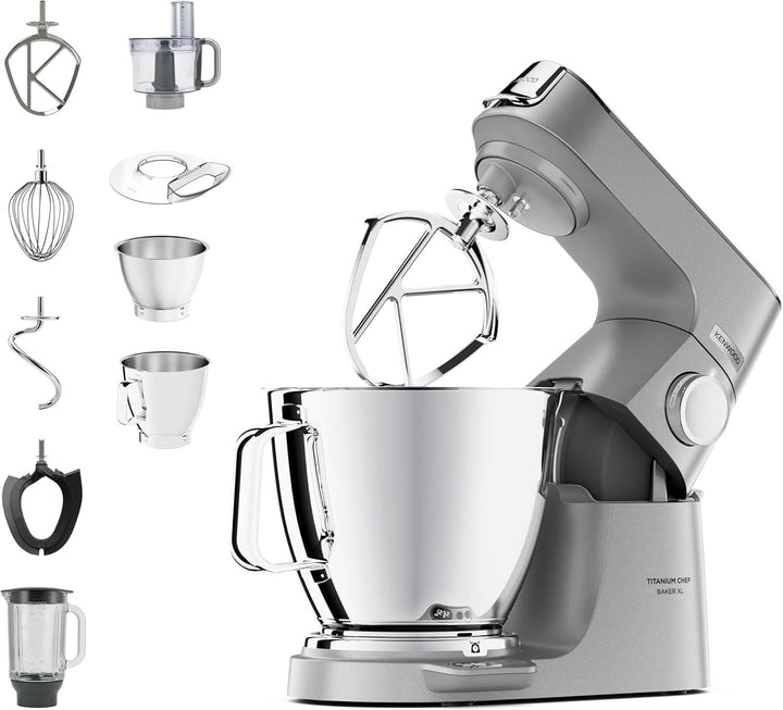 Kenwood Titanium Chef Baker KVC65.001WH, Küchenmaschine Mit Integrierter Waage, 1200 Watt, Inkl. 3-Teiligem Patisserie-Set, Spatel & Spritzschutz, Weiß