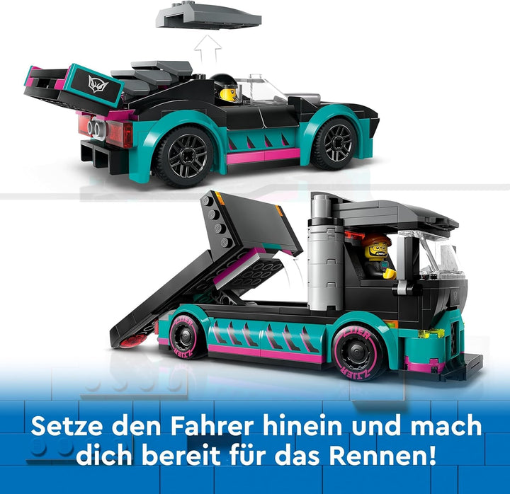 LEGO City Car Transporter cu mașină de curse, camion jucărie cu rampă de încărcare reglabilă și mașină de curse, set de construcție cu 2 minifigurine, șofer de curse și șofer de camion, copii de peste 6 ani 60406