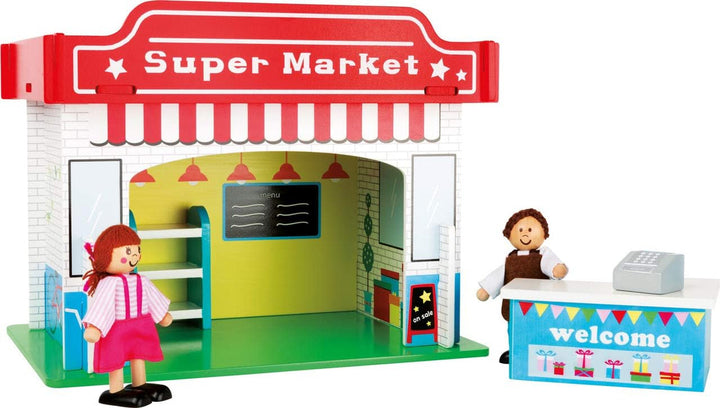 Small Foot 10852 Playhouse Restaurant Fabricat din lemn, Cu 2 figurine pentru păpuși, accesorii și acoperiș detașabil, De la 3 ani