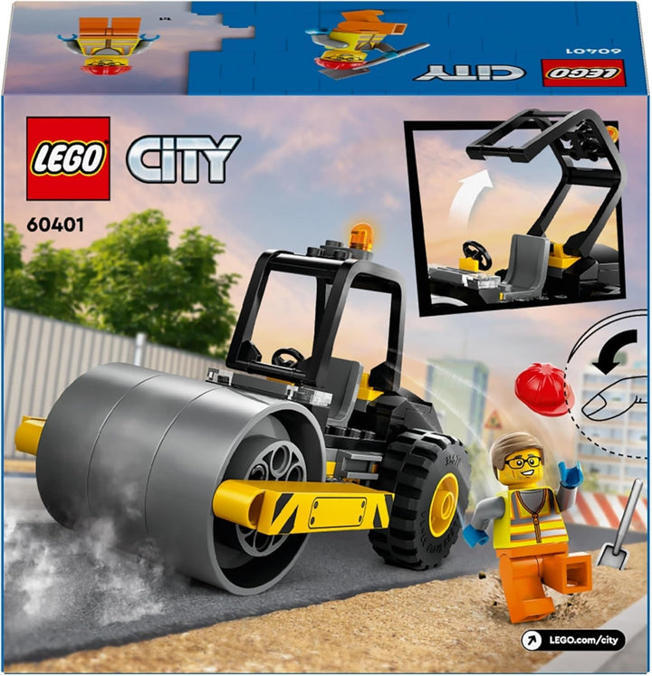 LEGO City Road Roller, vehicul de șantier pentru copii de la 5 ani, jucărie cu role cu aburi cu minifigurină de muncitor în construcții, experiență de joacă imaginativă pentru băieți și fete, mic, cadou distractiv 60401