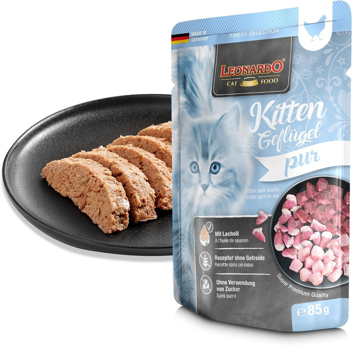Leonardo Fresh Pouch [16X85G Kitten Poultry] | Hrană umedă fără cereale pentru pisici | Hrană umedă completă în pungă cu porție unică