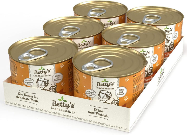 Betty'S Landhausküche cutie de hrană umedă pentru pisici, Fără cereale, Cea mai bună calitate, Carne de înaltă calitate, Gently cooked, Potrivit pentru toate rasele de pisici, Pui și fazan cu ulei de borangic 6 X 200 G