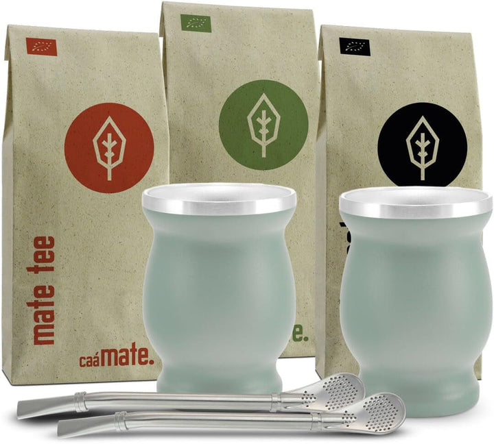 Set ceai Mate Bio ● 3 sortimente de Mate + 2 căni Mate din oțel inoxidabil cu pereți dubli + 2 bombillas + instrucțiuni de preparare (negru)