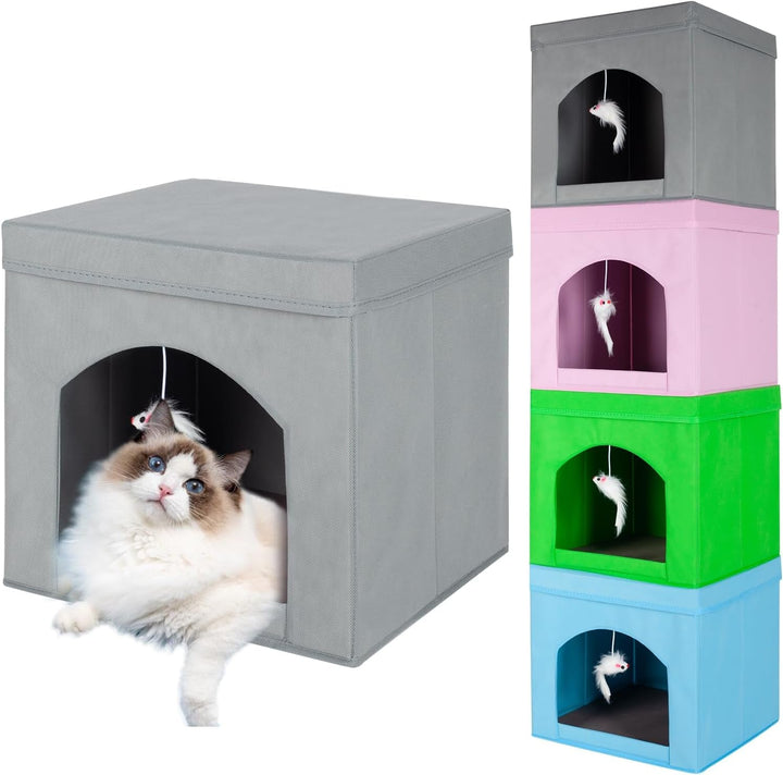 Pat pliabil pentru pisici sau pisoi de interior, scaun pliabil pentru pisici cu cub și peșteră, gri, 13 x 13 x 13 cm